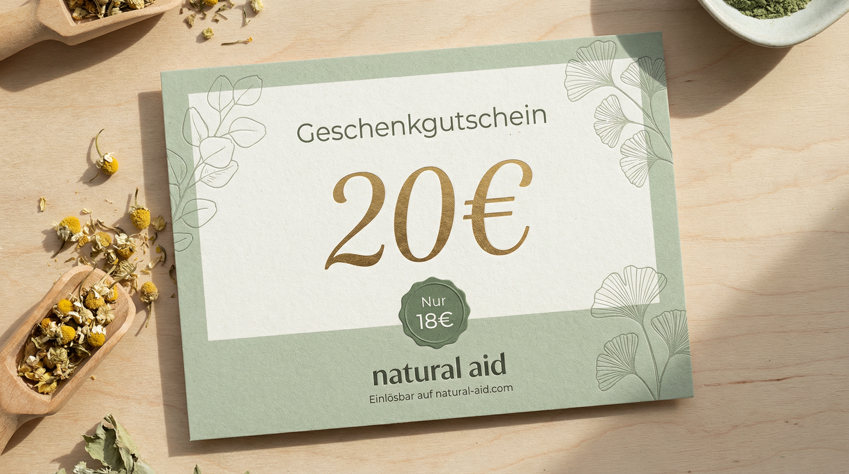 natural aid Geschenkgutschein 20 Euro - Vegane Nahrungsergänzung verschenken